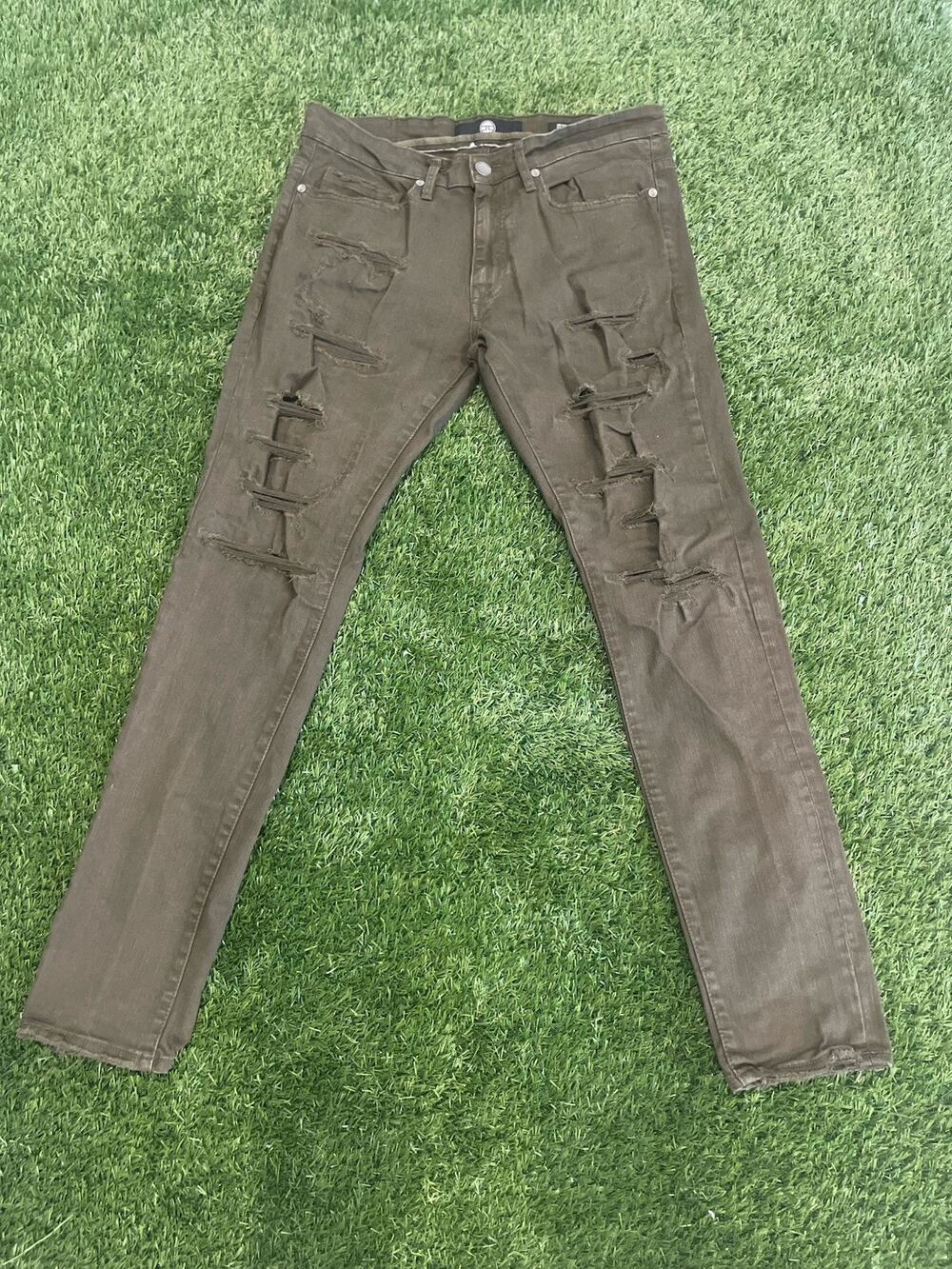 Jordan Craig Sean Mens Heavily Distressed Ripped Jeans Olive Green Stretch 32x32